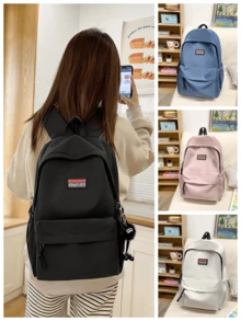 1pc Simple Solid Color Backpack, Student Nylon Waterproof Large Capacity Travel Commuter Backpack Without Accessories - A - View 3