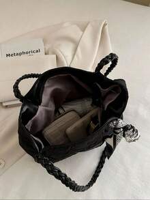 1 件女士时尚通勤大容量印花托特单肩包，适合所有季节 - 黑色 - 查看 6