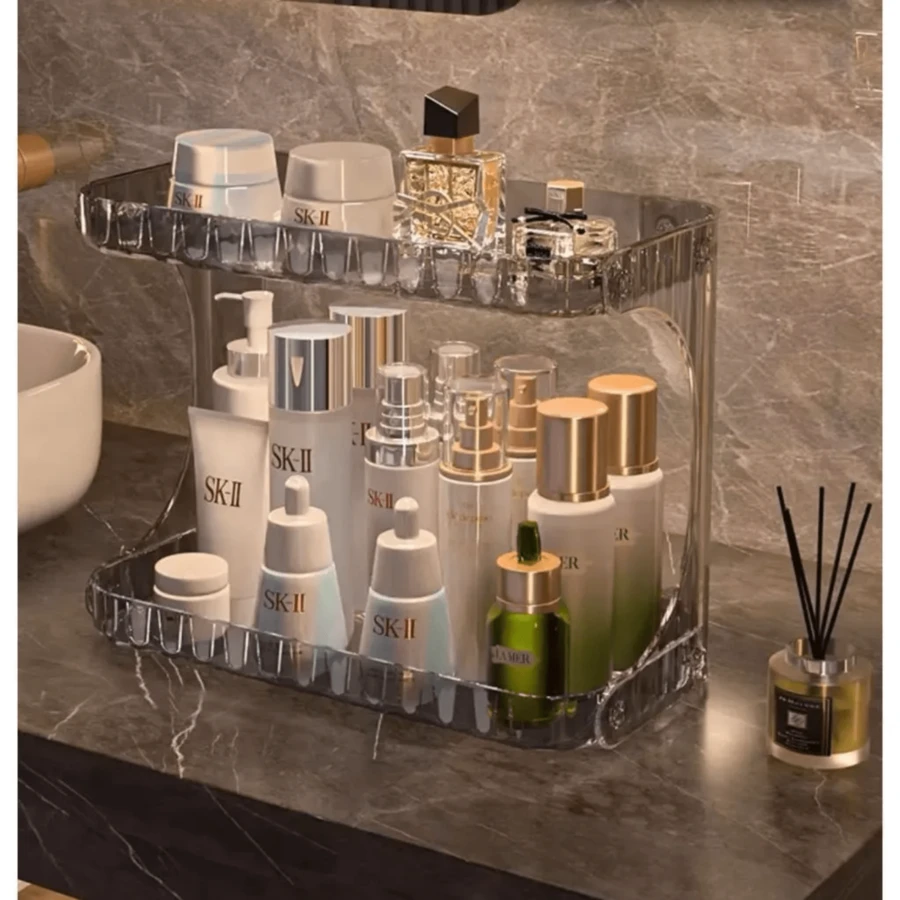 Bathroom Organizer 2 Tiers Acrylic Makeup Shelf Large Capacity Lipstick Cosmetic Holder - 灰色 - 查看 1