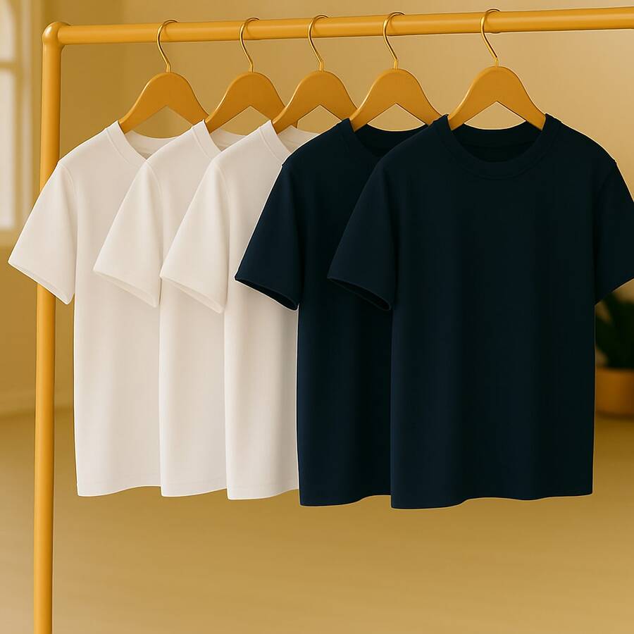 KIT 5 Basic Plain T-Shirts 100% Cotton 30.1 Unisex - 白色+白色+白色+藏青色+藏青色 - 查看 1