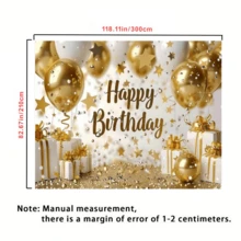 1 件金色“生日快乐”摄影背景布，涤纶材质，金色气球和星星，礼品背景设计。适用于拍照亭、派对、生日、庆典以及室内外家庭生日派对的装饰，无需电力。 - 彩色 - 查看 2