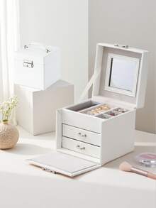 便携式三层首饰盒，高档PU皮革抽屉式设计，带锁，耳环首饰收纳盒，适合作为礼物送给女友、朋友、女孩，节日或生日礼物，母亲节惊喜之选。女士收纳整理盒，旅行必备，宿舍必备，房间装饰。 - 彩色 - 查看 2