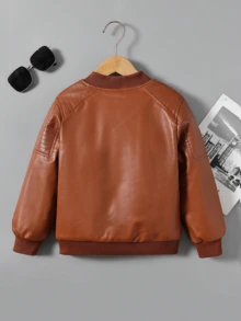 Fashionable & Versatile Tween Boy Motorcycle Style PU Leather Jacket Boys Warm Thermal Lined Long Sleeve Windbreaker, Autumn/Winter