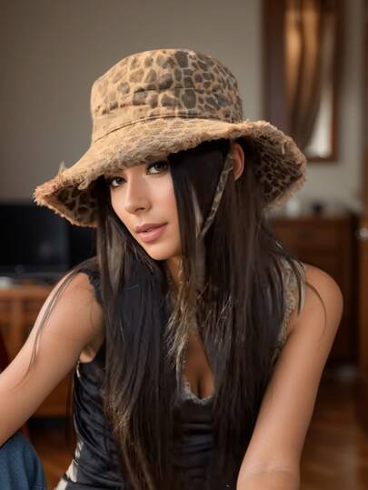 1顶女士豹纹渔夫帽，夏季防晒复古帽檐帽，适合户外旅行和日常使用