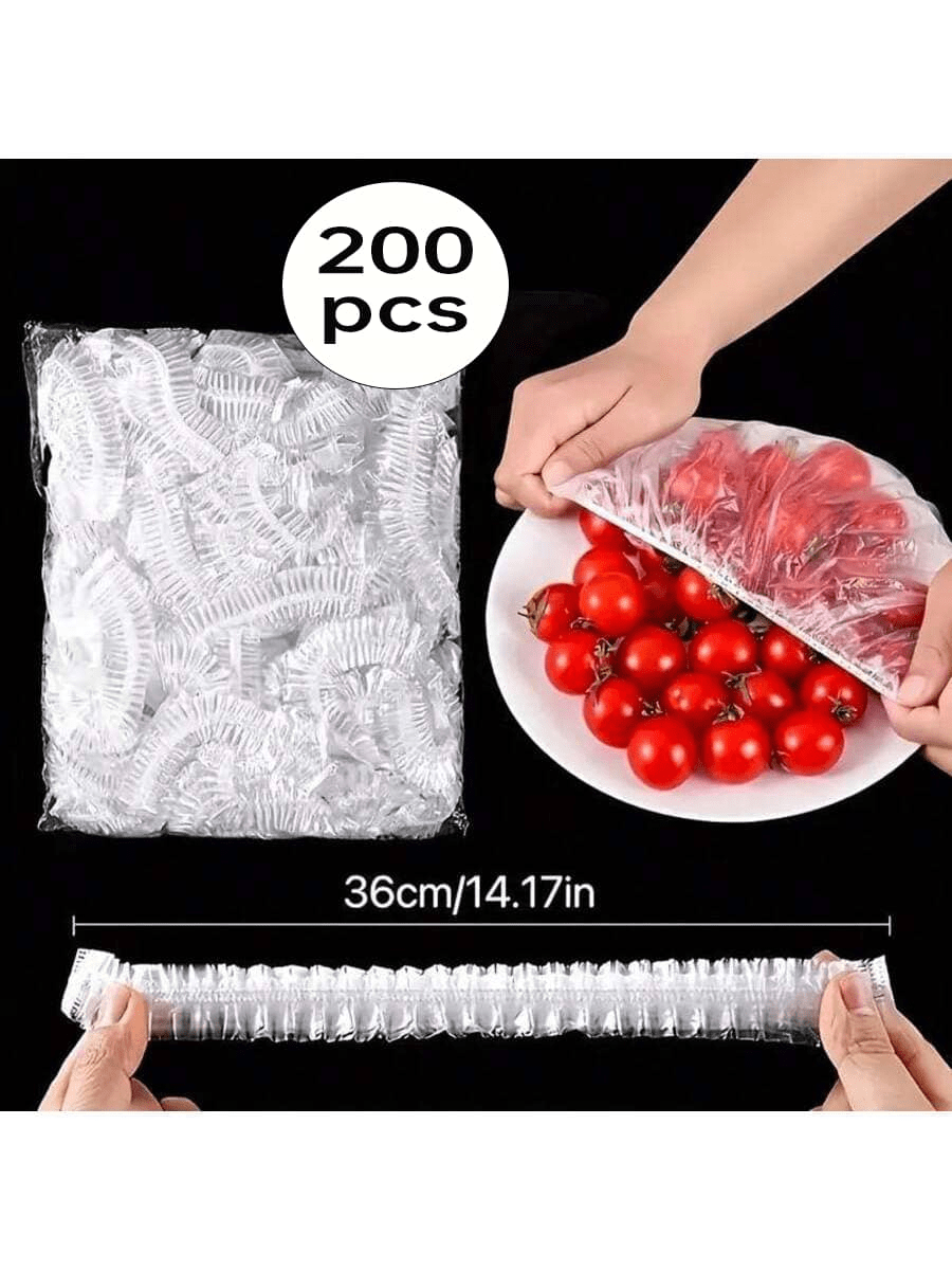 Lote de 100/200 tapas elásticas reutilizables para almacenamiento de alimentos - Tapas de plástico transparente y elástico, perfecto reemplazo para papel de aluminio y papel de envoltura