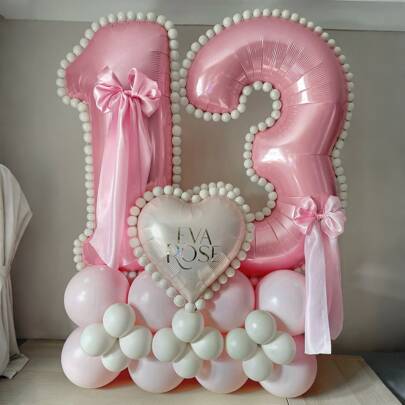 Set de 43 piezas de columnas de globos con números rosas, que incluye globos de aluminio con números rosas de 32 pulgadas (81.28cm), globos de látex redondos de color rosa macaron y blancos, adecuados para decoración de aniversario, cumpleaños, novia, boda, graduación, festival, suministros de fiesta