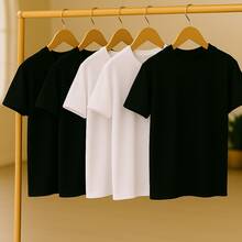 KIT 5 Basic Plain T-Shirts 100% Cotton 30.1 Unisex - 白色+白色+黑色+黑色+黑色 - 查看 1