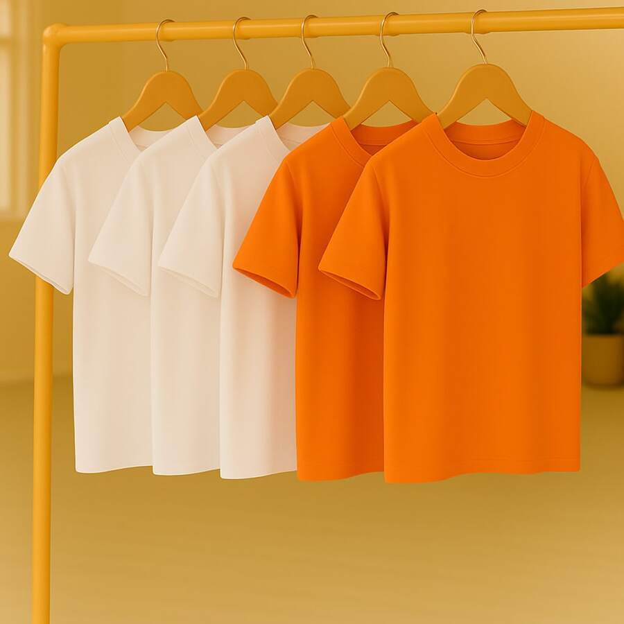 KIT 5 Basic Plain T-Shirts 100% Cotton 30.1 Unisex - 白色+白色+白色+橘色+橘色 - 查看 1