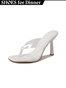 Women's Red Nude White Clear Strap Thong High Heel Sandals – Comma Heel Square Toe Dress Shoes [Size Up Half Size] - 白色 - 查看 2