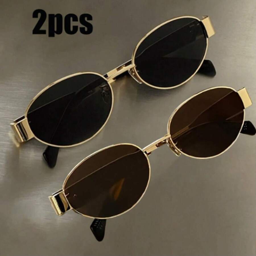 2pcs Unisex Retro Oval Metal Fashion Eyeglasses, Classic Decor Eyewear For Outdoor Travel Beach Holiday Casual Daily Wear, Driving - Nhiều màu - Xem 1