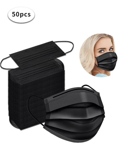 50片黑色一次性口罩，一次性三层口罩，成人日常使用，工作，办公室，学校和旅行