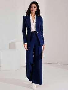LIU ME Women's Lined Blazer And Wide-Leg Trousers Set | Formal & Elegant - Màu xanh hải quân - Xem 1