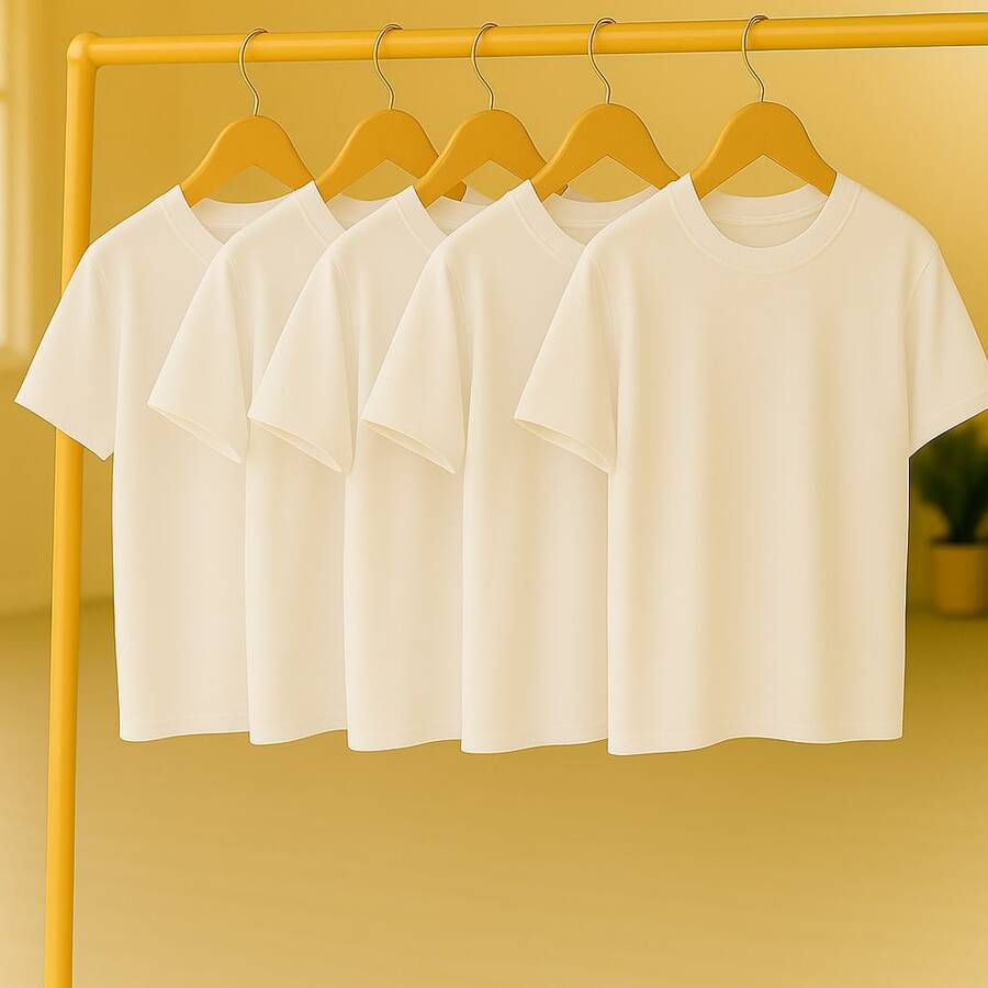 KIT 5 Basic Plain T-Shirts 100% Cotton 30.1 Unisex - White + White + White + White + White - View 1