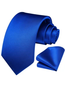 1 件男士纯色领带和手帕套装，海军蓝领带和手帕套装，适合日常、商务和派对穿着 - 寶藍色 - 查看 4