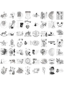 58 片透明复古邮票和剪贴画贴纸，个性化自粘 PET 贴纸，装饰行李箱，电脑手机壳，水瓶，个性化剪贴簿用品，适用于学校用品，返校