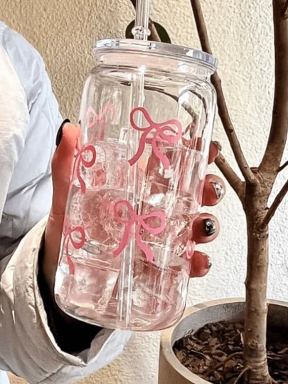 1 pieza Vaso de agua con tapa y pajita con estampado de lazo, vaso para latas de 16 Oz, vaso para café con hielo, apto para té, jugo, leche, regalo de cumpleaños, adecuado para oficina, restaurante, aula, picnic, fiesta, Día de San Valentín y Año Nuevo.