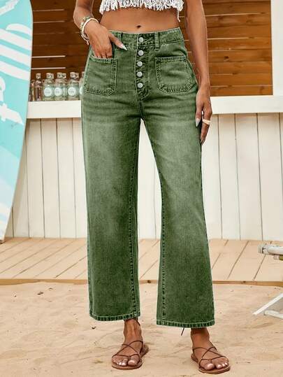 New Women's Jeans Buttoned Elastic Loose Denim Cropped Pants