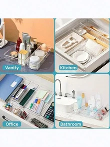 18件/9件/4件/3件/1件装化妆品收纳抽屉，透明抽屉收纳套装，7种尺寸梳妆台收纳盒，防滑塑料隔板，适用于化妆品、厨房用具、办公用品，易于清洁的家居收纳盒，多功能浴室梳妆台托盘，女士礼物，圣诞礼物，女士送礼佳品，房间装饰 - 彩色 - 查看 2