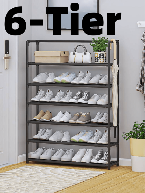 HOUSHELIF Scaffale portascarpe multifunzionale a 6 ripiani con ante | Mobiletto di stoccaggio anti-polvere e salva spazio | Organizer indipendente per scarpe, libri, snack, essenziali per la casa (bianco/nero, design moderno)