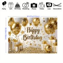 1 件金色“生日快乐”摄影背景布，涤纶材质，金色气球和星星，礼品背景设计。适用于拍照亭、派对、生日、庆典以及室内外家庭生日派对的装饰，无需电力。 - 彩色 - 查看 5
