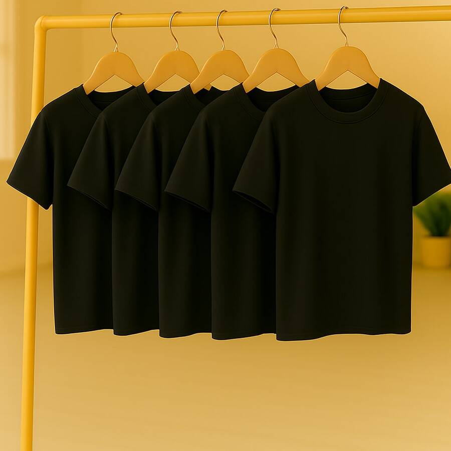 KIT 5 Basic Plain T-Shirts 100% Cotton 30.1 Unisex - 黑色+黑色+黑色+黑色+黑色 - 查看 1