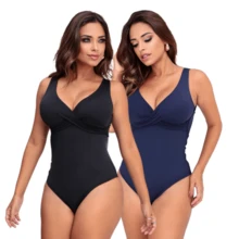 2 Piece Swimsuit Kit Body Support Slimming Waist Shaper Beach Vacation Sports And Fitness - 黑色和海軍藍 - 查看 1