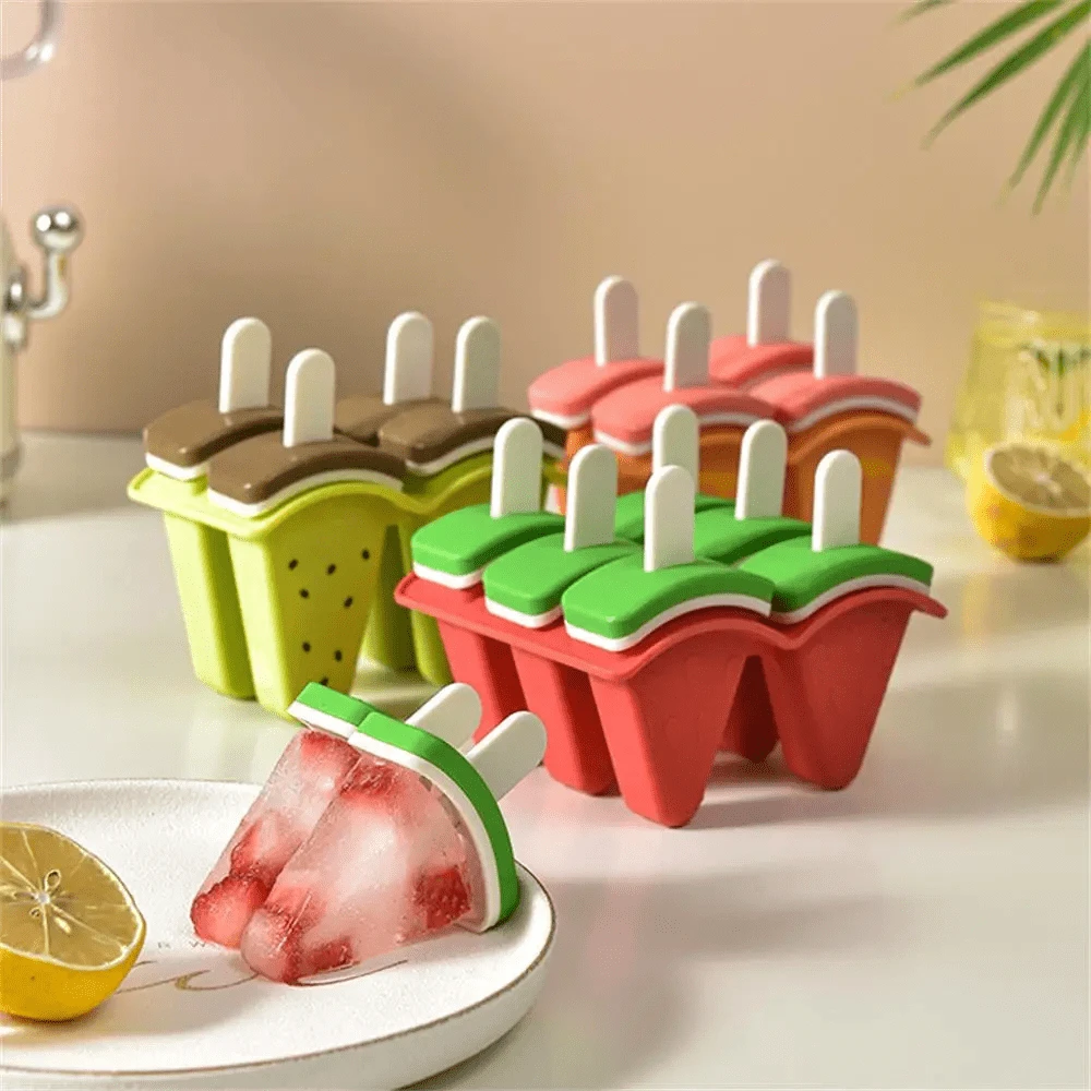 1 pieza Molde dividido en 4 compartimientos para helados con tapa, molde con forma de sandía/naranja/kiwi, molde casero para polos, herramienta de cocina para hacer helados con jugo o leche congelados