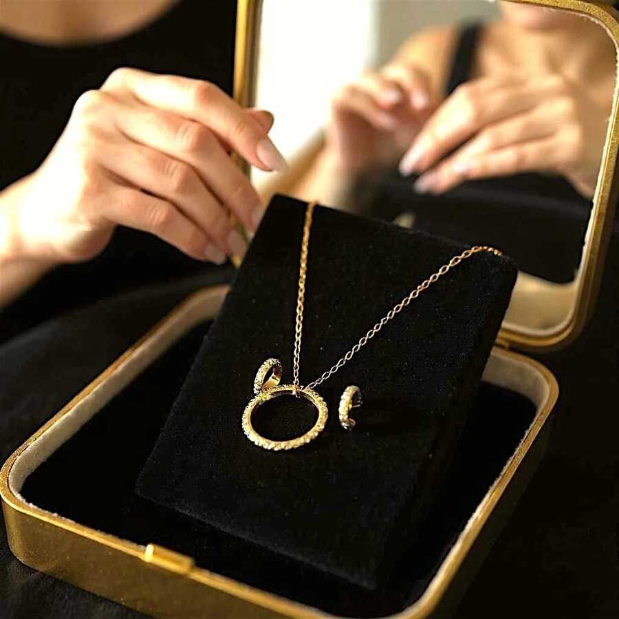 Elegant Zirconia Circle Necklace + Earring Kit For Women, Gold And Silver - Vàng - Xem 1