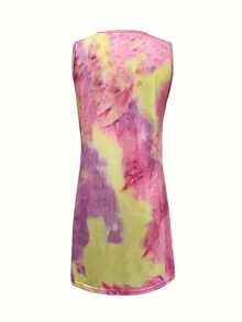 Women's Casual And Fashionable Tie Dye Pleated Sleeveless Dress - 紫色 - 查看 4