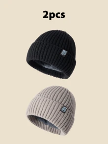 男女通用虎头贴片纯色针织帽，男士冬季保暖内衬休闲柔软舒适简约时尚帽，适合寒冷天气、日常通勤、运动、聚会、郊游 - C - 查看 19