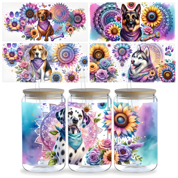 5pcs Sunflower Dog UV DTF Cup Stickers, Glass Cup DTF Sublimation Stickers, Waterproof Fun Dog Wipe-Transfer Paper, Suitable For 16oz Glass Cups, Mugs, Crafts, DIY Home Decor