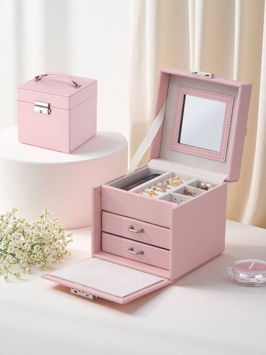 便携式三层首饰盒，高档PU皮革抽屉式设计，带锁，耳环首饰收纳盒，适合作为礼物送给女友、朋友、女孩，节日或生日礼物，母亲节惊喜之选。女士收纳整理盒，旅行必备，宿舍必备，房间装饰。 - 彩色 - 查看 1