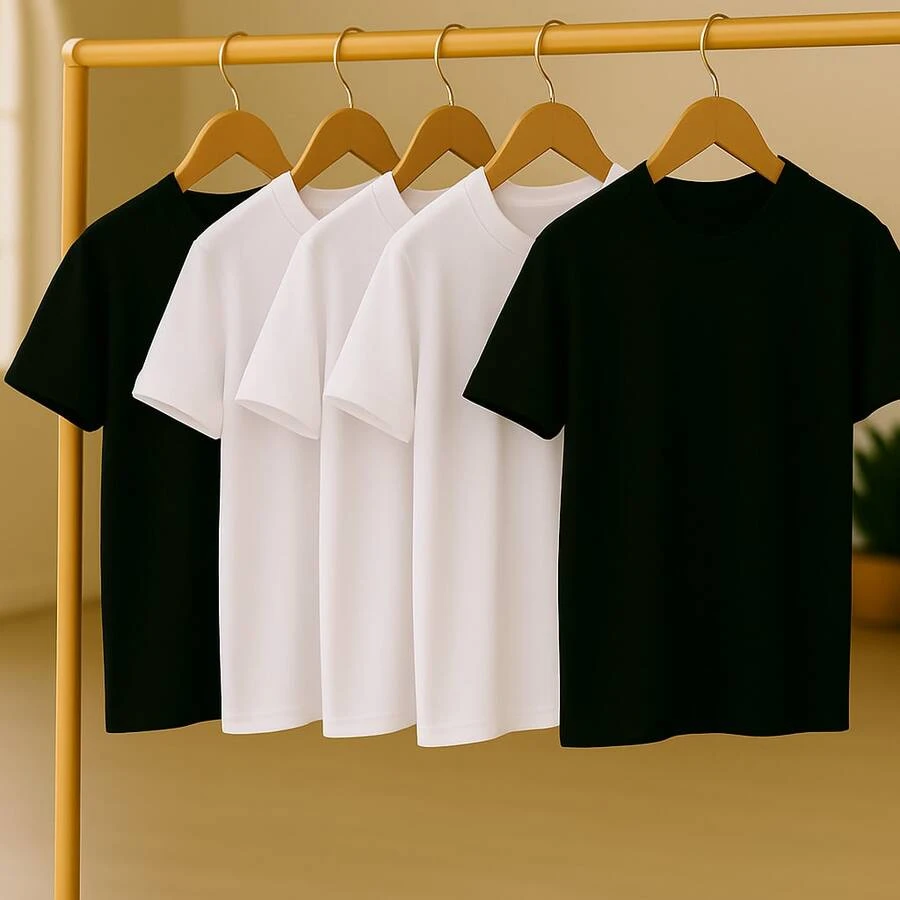 KIT 5 Basic Plain T-Shirts 100% Cotton 30.1 Unisex - Trắng + Trắng + Trắng + Đen + Đen - Xem 1