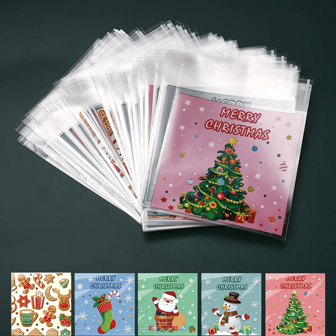 100/200/300 个圣诞礼品袋自封糖果和饼干袋，带有节日卡通图案，适用于圣诞零食袋、塑料糖果饼干袋、自粘饼干零食包装袋、圣诞派对装饰品