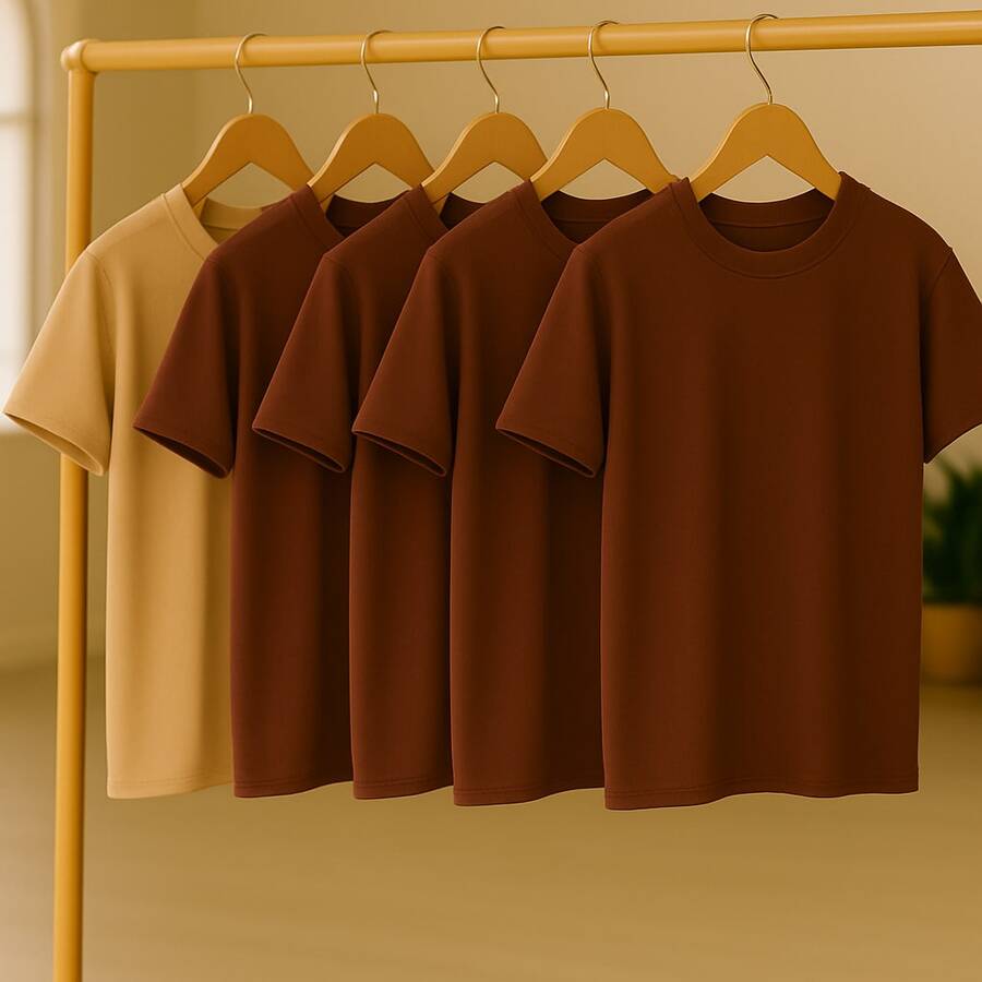 KIT 5 Basic Plain T-Shirts 100% Cotton 30.1 Unisex - Beige + Brown + Brown + Brown + Brown - View 1