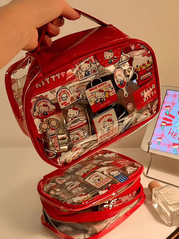 Sanrio 1 pieza Bolsa de maquillaje transparente de PVC con diseño de Hello Kitty, bolsa de almacenamiento portátil de gran capacidad, impermeable para cuidado de la piel y lavado