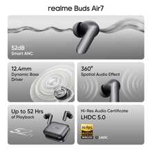Realme Buds Air 7 真无线耳机，12.4mm 超强钛金属低音驱动单元，52dB 智能主动降噪，Hi-Res 高解析度音频和 LHDC 5.0 音频，长达 52 小时续航，360° 环绕音效，圣诞礼物/赠品 - 灰色 - 查看 5