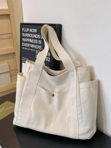 Canvas Tote Bag With Zipper, White Black Multi-Pocket Women's Shoulder Bag, Multiple Pockets, Can Hold Daily Necessities, Travel Items And Work Supplies, Reusable, Casual Shopping Beach Bag, Versatile And Fashionable - 米色 - 查看 4