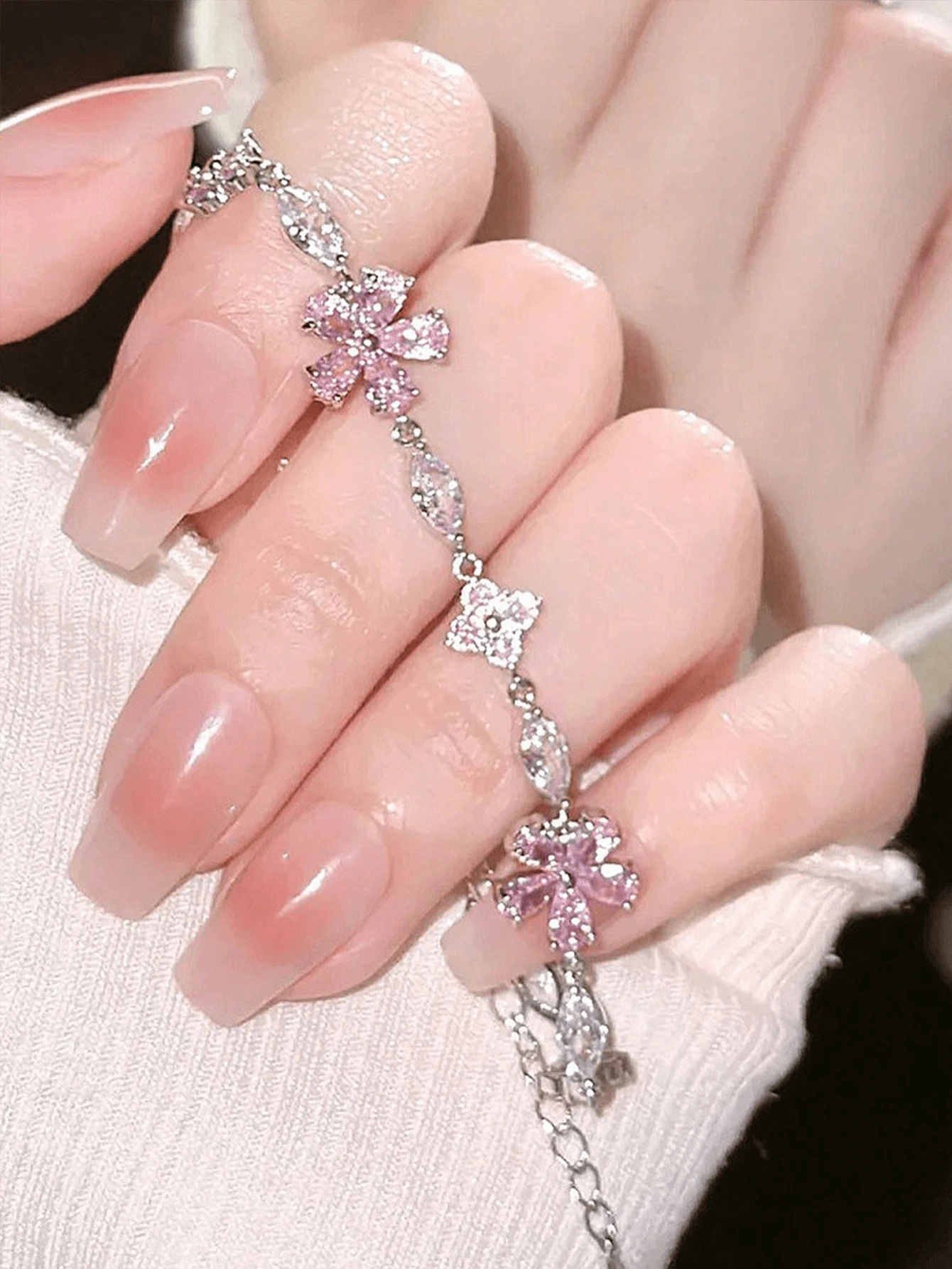 1件ins风甜美樱花粉色水晶手链,适合婚礼、情人节、夏季、节日等场合佩戴,尽显优雅气质。 - 粉色 - 查看 1