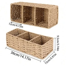 1pc Woven Three-Compartment Storage Basket, Handmade Paper Rope & Willow Storage Bin, Toilet Tank Top Tissue Box Holder, Bathroom Organizer Basket, Storage, Makeup Organizer, Organizer, Basket, Organization And Storage, Baskets, Room Organize - Multicolor - View 4