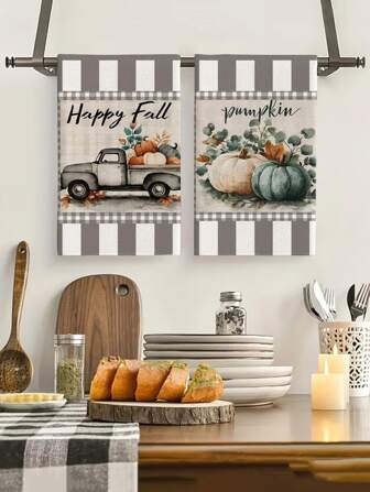 2pcs/4pcs/12pcs Pumpkin & Stripe Pattern Autumn Kitchen Towels, Thanksgiving Dish Cloths, Autumn Style, Quick Drying, Super Soft Fiber, Rectangle 40*60CM Digital Printing, Suitable For Autumn Kitchen Decor, Outdoor Party, Thanksgiving Gifts, Birthday Gifts