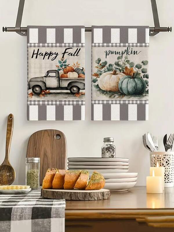 2pcs/4pcs/12pcs Pumpkin & Stripe Pattern Autumn Kitchen Towels, Thanksgiving Dish Cloths, Autumn Style, Quick Drying, Super Soft Fiber, Rectangle 40*60CM Digital Printing, Suitable For Autumn Kitchen Decor, Outdoor Party, Thanksgiving Gifts, Birthday Gifts