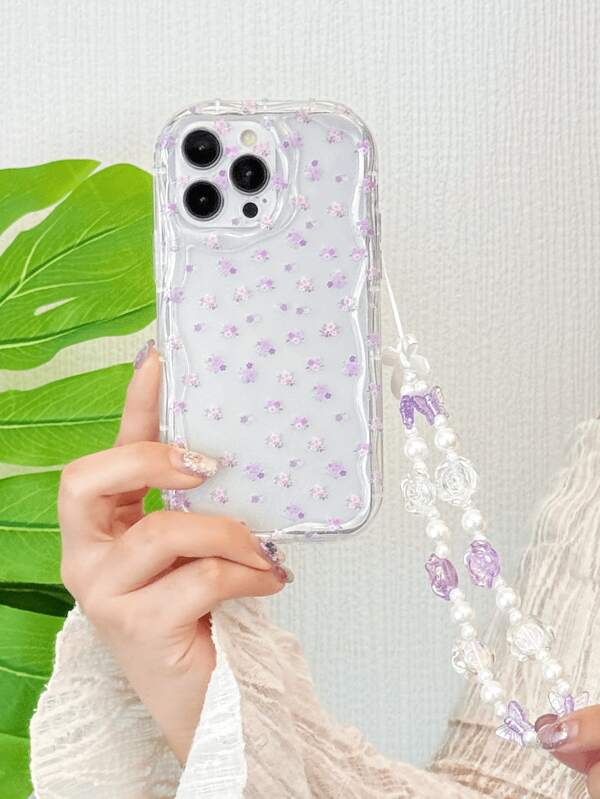 2 Peças Capa de Telefone na Moda com Alça para Pescoço, Decoração Floral Transparente Roxa e Rosa Roxa, Pingente de Alça de Pulso para Telefone