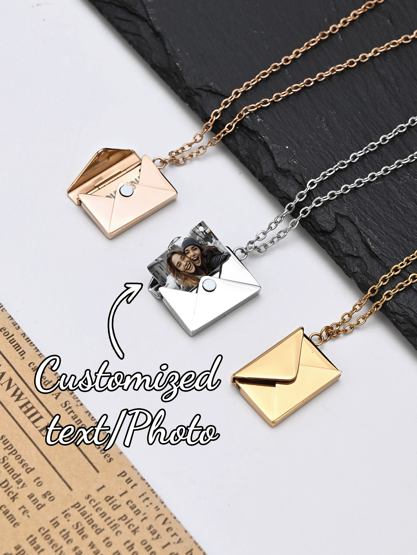 1pc Customizable Necklace,Custom Fashion Necklace,Personalized Envelope Locket Necklace With Customized Name/Message And Family/Pet/Couple Photo, Suitable For Birthday/Valentine/Anniversary,New Year Glamour - Laser-envelope Necklace - View 1