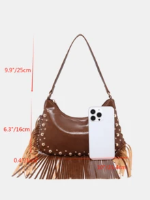 Túi đeo vai nữ Novachic Rivet Decor, kiểu dáng Hobo, thích hợp cho lễ hội âm nhạc, thời trang, cá tính, tối giản, đa năng, phong cách đường phố, dành cho cô gái ngọt ngào và cá tính, đậm chất Blink, Y2K, retro, hoài cổ, tua rua, phong cách miền Tây, Boho, tuổi teen, trang phục Boho cho nữ. - màu nâu - Xem 7