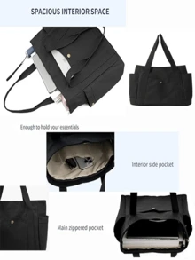 Canvas Tote Bag With Zipper, White Black Multi-Pocket Women's Shoulder Bag, Multiple Pockets, Can Hold Daily Necessities, Travel Items And Work Supplies, Reusable, Casual Shopping Beach Bag, Versatile And Fashionable - 米色 - 查看 9