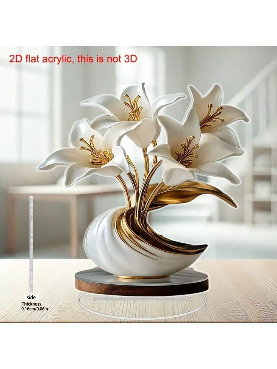 1 buc. Articol decorativ acrilic 2D plat pentru casă, crin auriu - accesoriu decorativ elegant pentru casă, birou sau ocazii speciale | Potrivit pentru Ziua Recunoștinței, Crăciun și alte sărbători | Ideal pentru expunere pe masă, decorare birou | Cadou de sărbători