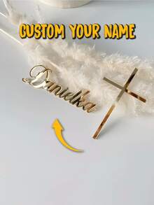 1pc Customized Acrylic Name Cross Cake Topper, Personalized Acrylic Baptism Cake Decor, Gold Baptism Cake Hanging Ornament, Baptism Cake Decoration, Customized Name Hanging Ornament - Gold Mirror - View 5