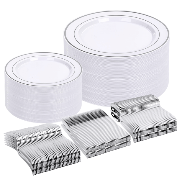 50pcs Silver Plastic Cutlery Set, White Reusable Plates - Includes Silver Knives, Forks And Spoons, Ideal For Disposable Plastic Tableware At Weddings, Birthday Parties, Spring And Summer Dining Events
