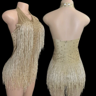 Hermosa prenda para baile profesional: leotardo de baile con flecos y pedrería - ¡Brilla como una Estrella! Diseño para el Performer Moderno